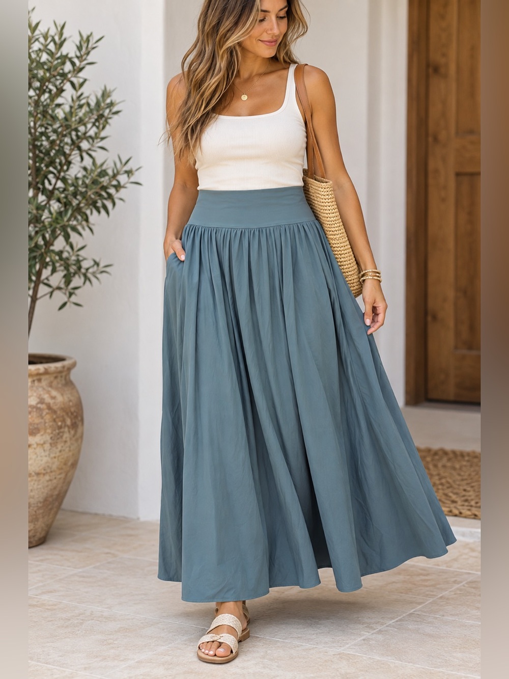 Halara 2X Blue Gray Flowy Maxi Skirt Built In Shorts High Waist NWT